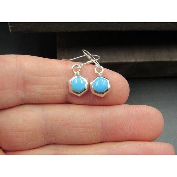 Sterling Silver Hexagon Blue Enamel Small Earrings - Picture 1 of 5